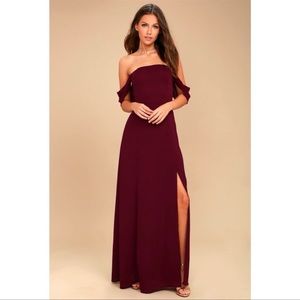 J.O.A. Veronique Burgundy Off-the-Shoulder Maxi Dress, XS